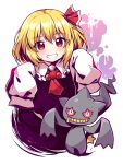  1girl 1other ascot banette black_dress blonde_hair blush caramell0501 collared_shirt crossover dress eyebrows_visible_through_hair gen_3_pokemon grin hair_between_eyes hair_ribbon highres pokemon pokemon_(creature) red_eyes red_neckwear red_ribbon ribbon rumia shirt short_hair sleeves_past_fingers sleeves_past_wrists smile touhou white_background white_shirt 