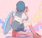  1girl backpack backpack_removed bag blue_hair blue_sailor_collar blue_skirt colored_inner_hair commentary_request facing_away from_behind full_body hand_up holding holding_shield holding_weapon hood hood_down kneeling medium_hair multicolored_hair norikoi original pink_background rain red_footwear red_hair sailor_collar school_uniform serafuku shadow shield shirt shoes short_sleeves skirt solo weapon white_shirt 