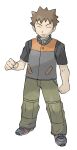  1boy absurdres bangs brock_(pokemon) brown_hair buttons clenched_hands closed_eyes closed_mouth frown full_body green_pants grey_footwear high_collar highres legs_apart male_focus official_art pants pokemon pokemon_(game) pokemon_frlg shirt shoes short_hair short_sleeves sneakers solo spiked_hair standing sugimori_ken transparent_background vest 