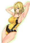  1girl armpits arms_behind_head arms_up ashiomi_masato blonde_hair blue_eyes breasts guilty_gear guilty_gear_xrd large_breasts long_hair looking_at_viewer millia_rage one-piece_swimsuit solo swimsuit 