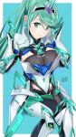  1girl armor bangs gem green_eyes green_hair hair_ornament headpiece highres jewelry looking_at_viewer pneuma_(xenoblade) ponytail pose sitting solo swept_bangs tiara xenoblade_chronicles_(series) xenoblade_chronicles_2 yamushinhan 