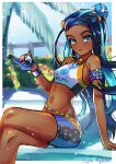  1girl arm_support armlet artist_name bench bike_shorts black_hair blue_eyes blue_eyeshadow blue_hair blue_sky blurry blurry_background bush crossed_legs dark-skinned_female dark_skin dynamax_band earrings eyeshadow fence gloves hair_bun highres holding holding_poke_ball hoop_earrings jewelry light_blush long_hair looking_at_viewer makeup midriff multicolored_hair navel necklace nessa_(pokemon) open_mouth outdoors palm_leaf palm_tree partially_fingerless_gloves poke_ball poke_ball_(basic) pokemon pokemon_(game) pokemon_swsh pupu_ayaba single_glove sitting sky solo stomach tan tree two-tone_hair 