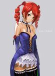  1girl amy_sorel ashiomi_masato bare_shoulders breasts choker closed_mouth dress drill_hair flower gothic_lolita lolita_fashion looking_at_viewer medium_hair red_hair rose short_twintails simple_background skirt solo soulcalibur soulcalibur_vi thighhighs twin_drills twintails 