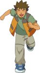  1boy :d absurdres artist_request bangs brock_(pokemon) brown_hair clenched_hands closed_eyes collared_shirt facing_viewer full_body green_shirt highres leg_up male_focus official_art open_clothes open_mouth open_vest orange_vest pants pokemon pokemon_(anime) pokemon_dppt_(anime) running shirt shoes short_hair short_sleeves smile solo spiked_hair standing standing_on_one_leg tongue transparent_background vest 