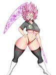  1girl artist_request black_legwear blush boots breasts character_print commentary cropped_jacket dragon_ball dragon_ball_super drawstring earrings energy_weapon english_commentary fang genderswap genderswap_(mtf) goku_black grey_eyes hand_on_hip high-waist_panties highres holding holding_scythe holding_weapon hood hood_down hoodie jewelry navel nose_blush open_mouth panties pink_hair potara_earrings red_panties scythe short_sleeves simple_background single_earring solo source_request spiked_hair standing stomach super_saiyan super_saiyan_rose thighhighs thong tongue tongue_out underboob underwear weapon white_background white_footwear zamasu 