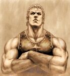  1boy arm_guards armor blonde_hair breastplate closed_mouth commentary_request crossed_arms gladiator hokuto_no_ken lips looking_at_viewer muscular muscular_male sepia sepia_background short_hair solo souther tall tsunetarou_(yasu) upper_body 