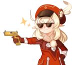  &gt;:) 1girl absurdres ahoge aiming bangs brown_gloves brown_scarf cabbie_hat clover_print coat commentary_request eyebrows_visible_through_hair finger_on_trigger genshin_impact gloves gun hair_between_eyes hand_on_hip handgun hat hat_feather hat_ornament highres holding holding_gun holding_weapon junho klee_(genshin_impact) light_brown_hair long_hair long_sleeves looking_at_viewer low_twintails pointy_ears red_coat red_headwear scarf sidelocks simple_background smile solo sparkle sunglasses twintails v-shaped_eyebrows weapon white_background 