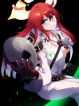  1girl absurdres ankh ankh_necklace aria_(guilty_gear) bangs broken_halo cross green_eyes guilty_gear guilty_gear_strive hair_between_eyes halo highres jack-o&#039;_valentine korean_commentary long_hair mask mask_removed red_hair smile user_rrxy7753 