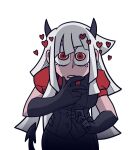  1girl bangs bini_(xocolatl_501) black_gloves black_pants black_vest commentary_request cosplay danganronpa_(series) danganronpa_2:_goodbye_despair demon_girl demon_horns demon_tail gloves hair_ornament hand_on_own_chin hand_up heart heart_hair_ornament helltaker horns long_hair looking_at_viewer modeus_(helltaker) modeus_(helltaker)_(cosplay) mole mole_under_eye pants parted_lips puffy_short_sleeves puffy_sleeves red_eyes red_shirt shirt short_sleeves solo tail teeth transparent_background tsumiki_mikan vest white_hair 