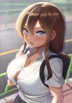  1girl annoyed backpack bag blue_eyes blurry blurry_background blush bra_through_clothes bralines breasts brown_hair bursting_breasts button_gap cleavage collarbone collared_shirt from_above from_side furrowed_brow hair_between_eyes hand_up large_breasts long_hair looking_at_viewer low-tied_long_hair low_ponytail maku_ro motion_lines open_mouth original outdoors railing road school_uniform see-through shirt shirt_tucked_in short_sleeves sidelocks street sweat sweatdrop taut_clothes taut_shirt tsurime upper_body walking wet wet_clothes wet_shirt white_shirt 