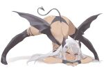  1girl 47agdragon arm_support ass back bangs bikini black_bikini black_wings blush breasts bridal_gauntlets closed_mouth commentary_request dark-skinned_female dark_skin demon_girl demon_horns demon_tail demon_wings eyebrows_visible_through_hair full_body horns jack-o&#039;_challenge long_hair looking_at_viewer medium_breasts no_shoes original red_eyes sideboob silver_hair simple_background solo spread_legs swimsuit tail thighhighs top-down_bottom-up v-shaped_eyebrows very_long_hair white_background wings 