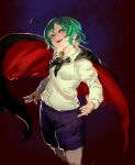  antennae bangs black_cape blue_shorts breasts cape collared_shirt evil_smile green_eyes green_hair inishie_kumo long_sleeves red_cape shirt short_hair shorts small_breasts smile touhou two-sided_cape two-sided_fabric white_shirt wriggle_nightbug 