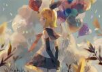  1girl balloon bare_shoulders blonde_hair blue_eyes bow cloud commentary detached_sleeves from_behind hair_bow hair_ornament hairclip heart_balloon holding holding_balloon kagamine_rin lobelia_(saclia) looking_at_viewer looking_back miniskirt outdoors skirt solo vocaloid 
