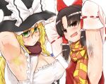 2girls armpit_hair armpits arms_up bangs benikurage_(cookie) black_headwear blonde_hair blue_bow blush bow braid breasts brown_eyes brown_hair cleavage closed_mouth commentary_request cookie_(touhou) covered_nipples detached_sleeves eyebrows_visible_through_hair fang frilled_bow frilled_hair_tubes frills green_eyes hair_between_eyes hair_bow hair_tubes hakurei_reimu hat hat_bow kirisame_marisa large_breasts long_hair looking_at_viewer mars_(cookie) medium_hair multiple_girls no_bra open_mouth orange_scarf otemoto_(baaaaloooo) parted_bangs red_bow red_scarf ribbon-trimmed_sleeves ribbon_trim scarf side_braid simple_background single_braid small_breasts striped striped_scarf touhou upper_body white_background white_bow white_sleeves witch_hat yellow_scarf 