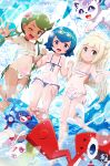  3girls ;d alolan_form alolan_vulpix barefoot bikini blonde_hair blue_eyes blue_hair blush breasts bubble closed_mouth collarbone commentary_request day eyelashes gen_1_pokemon gen_4_pokemon gen_7_pokemon goggles goggles_on_head green_eyes green_hair highres holding_hands lana_(pokemon) lillie_(pokemon) long_hair mallow_(pokemon) micro_bikini multiple_girls navel one_eye_closed open_mouth outdoors pokemon pokemon_(creature) pokemon_(game) pokemon_sm popplio pubic_tattoo rotom rotom_dex shiny shiny_skin smile soutou staryu steenee swimsuit tan tanlines tattoo toes tongue translation_request upper_teeth w 