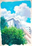  absurdres blue_sky day highres no_humans original outdoors painting_(medium) railing sawitou_mizuki scan scenery sky stairs traditional_media tree 