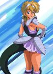  1990s_(style) 1girl armor bangs blonde_hair blue_eyes feet_out_of_frame haruyama_kazunori headpiece looking_at_viewer luna_de_rimsbel majuu_senshi_luna_varga medium_hair miniskirt pauldrons retro_artstyle sheath sheathed shoulder_armor skirt smile solo standing sword tail vambraces weapon 