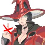  absurdres black_hair choker guilty_gear guilty_gear_strive hat highres i-no jacket looking_at_viewer middle_finger red_headwear red_jacket red_lips short_hair solo_focus sunglasses venus_symbol very_short_hair witch_hat 