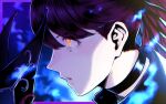  1girl black_choker blue_fire check_commentary choker close-up commentary_request dark_persona fire from_side glowing glowing_eyes highres lipstick long_hair makeup mask mask_removed persona persona_5 persona_5_the_royal pink_lips ponytail portrait profile red_hair riku_(ukir125) solo yellow_eyes yoshizawa_kasumi 