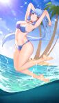  1girl absurdres armpits arms_up bangs bare_arms bare_legs bare_shoulders barefoot bikini blue_bikini blue_sky blunt_bangs blush breasts brown_choker chinese_commentary choker closed_mouth commentary_request day eyebrows_visible_through_hair full_body genshin_impact hair_ribbon highres island izaac jumping kamisato_ayaka large_breasts lens_flare long_hair mole mole_under_eye navel ocean outdoors palm_tree ponytail print_bikini red_ribbon ribbon sidelocks signature sky solo stomach sunlight swimsuit tassel tree tress_ribbon very_long_hair water 