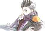  1boy animal_on_shoulder bangs black_hair black_jacket cham-p commentary_request covered_mouth danganronpa_(series) danganronpa_2:_goodbye_despair eating food grey_eyes grey_hair grey_shirt hamster highres jacket jewelry jum-p long_sleeves maga-g multicolored_hair pink_scarf profile ring scarf shirt short_hair simple_background sketch sun-d tanaka_gandamu tanu0706 two-tone_hair upper_body white_background 