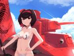  1girl absurdres bikini black_hair breasts brown_eyes bug caterpillar_tracks centipede centipede_print cloud commentary_request day flag girls_und_panzer girls_und_panzer_ribbon_no_musha ground_vehicle hair_ribbon highres kurokimono001 military military_vehicle motor_vehicle navel ribbon short_hair sky smile solo swimsuit tank tsuruki_shizuka type_97_te-ke 