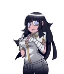  1girl alternate_eye_color alternate_hair_color azazel_(helltaker) azazel_(helltaker)_(cosplay) bandaged_arm bandages bangs bini_(xocolatl_501) black_hair blue_eyes breasts commentary_request cosplay danganronpa_(series) danganronpa_2:_goodbye_despair eyebrows_visible_through_hair gloves halo hands_on_own_breasts hands_up helltaker jacket large_breasts long_hair looking_at_viewer mole mole_under_eye open_mouth pants parody short_sleeves simple_background single_glove solo transparent_background tsumiki_mikan white_background white_gloves white_jacket white_pants 