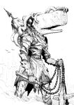  1other animal_head armor breastplate commentary english_commentary greyscale highres holding holding_weapon impaled inktober monochrome monster no_humans original pauldrons shoulder_armor simple_background solo sperm_whale standing vambraces weapon white_background y_naf 