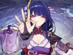  1girl armor bangs blurry blurry_foreground braid breasts bridal_gauntlets cleavage commentary_request error1980 eyeliner flower genshin_impact hair_ornament highres japanese_clothes kimono large_breasts long_hair long_sleeves looking_at_viewer makeup mitsudomoe_(shape) mole mole_under_eye obi obiage open_mouth purple_eyes purple_flower purple_hair raiden_shogun reaching_out ribbon sash shoulder_armor solo tomoe_(symbol) water wide_sleeves 