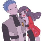  1boy 1girl :d arm_hug bangs blue_hair blush_stickers chome_(meme_chon) closed_mouth coat commentary_request cyrus_(pokemon) dawn_(pokemon) eyelashes floating_hair grey_eyes hair_ornament hairclip highres long_hair long_sleeves open_clothes open_mouth open_vest pokemon pokemon_(game) pokemon_dppt pokemon_platinum red_coat scarf smile spiked_hair team_galactic tongue upper_teeth vest white_scarf 