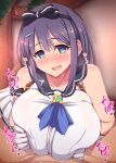  1boy 1girl bangs bare_shoulders blue_eyes blush breast_squeeze breasts gloves hairband hetero ikue_fuuji large_breasts looking_at_viewer medium_hair misora_(princess_connect!) paizuri paizuri_under_clothes princess_connect! purple_hair smile 