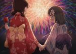 2girls aayh aerial_fireworks bangs black_eyes black_hair blue_kimono blurry blurry_background blush bow candy_apple closed_mouth commentary_request depth_of_field eniwa_shii eyebrows_visible_through_hair fireworks floral_print flower food hair_flower hair_ornament hand_grab holding holding_food japanese_clothes kimono koguma_(super_cub) low_twintails multiple_girls night night_sky obi outdoors print_kimono red_kimono rose sash sky striped super_cub twintails vertical-striped_kimono vertical_stripes white_flower white_rose yellow_bow 
