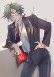  belt eiyuu_densetsu formal glasses green_hair hand_on_hip highres long_hair mcburn necktie red_eyes sen_no_kiseki sen_no_kiseki_ii sen_no_kiseki_iii sen_no_kiseki_iv suit 
