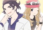  1boy 1girl augustine_sycamore black_hair blonde_hair blush bracelet collarbone collared_shirt commentary_request curly_hair facial_hair grey_eyes hand_up hat highres jewelry labcoat long_hair looking_at_viewer lower_teeth open_mouth pink_headwear pokemon pokemon_(game) pokemon_xy serena_(pokemon) shirt sleeveless sleeveless_shirt smile sunglasses tongue tudurimike upper_body white-framed_eyewear 