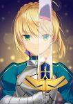  2girls ahoge armor artoria_pendragon_(caster)_(fate) artoria_pendragon_(fate) blonde_hair excalibur_(fate/stay_night) fate/grand_order fate_(series) gauntlets green_eyes hat light multiple_girls reflection saber shino_skk 