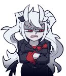  1girl alternate_hairstyle bags_under_eyes bangs bear_hair_ornament bini_(xocolatl_501) black_jacket black_pants bow bowtie breasts commentary_request cosplay_request cowboy_shot crossed_arms danganronpa_(series) danganronpa_2:_goodbye_despair demon_girl demon_tail enoshima_junko hair_ornament half-closed_eyes helltaker horns jacket large_breasts leaning_forward long_hair open_mouth pale_skin pants parody red_bow red_eyes red_shirt shirt solo tail transparent_background twintails white_horns 