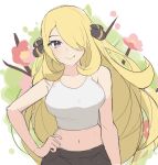  1girl bangs bare_arms black_pants blonde_hair breasts closed_mouth cynthia_(pokemon) grey_eyes hair_ornament hair_over_one_eye hand_on_hip highres long_hair looking_at_viewer midriff navel pants pokemon pokemon_(game) pokemon_dppt smile solo spyg tank_top upper_body very_long_hair 