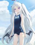 1girl absurdres bare_arms bare_shoulders blue_archive blue_sky blue_swimsuit blush closed_mouth day demon_wings flat_chest hair_ornament hairclip halo highres hina_(blue_archive) horns long_hair looking_at_viewer low_wings name_tag ocean one-piece_swimsuit outdoors purple_eyes school_swimsuit skinny sky smile solo standing swimsuit two_side_up very_long_hair wasabi60 whistle whistle_around_neck white_hair wings 