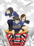  3girls :&gt; :d :q aircraft airplane asakusa_midori binoculars black_eyes black_hair black_legwear blue_jacket blue_skirt bob_cut brown_eyes brown_footwear brown_hair camouflage camouflage_headwear commentary drawing eizouken_ni_wa_te_wo_dasu_na! english_commentary freckles glasses grin hand_up hat highres holding holding_binoculars holding_notepad inverted_bob jacket kanamori_sayaka loafers long_hair long_sleeves miniskirt mizusaki_tsubame monochrome_background multiple_girls notepad opaque_glasses open_mouth outdoors pantyhose pleated_skirt sanpaku shaded_face shoes sitting skirt smile socks tongue tongue_out tower y_naf 
