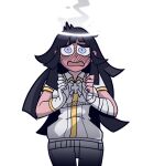  1girl alternate_eye_color alternate_hair_color azazel_(helltaker) azazel_(helltaker)_(cosplay) bandaged_arm bandages bangs bini_(xocolatl_501) black_hair blue_eyes blush breasts commentary_request cosplay cowboy_shot cross danganronpa_(series) danganronpa_2:_goodbye_despair full-face_blush gloves halo hands_up helltaker jacket large_breasts long_hair looking_at_viewer mole mole_under_eye open_mouth pants parody short_sleeves simple_background single_glove solo steam transparent_background tsumiki_mikan white_background white_gloves white_jacket white_pants 