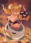  1girl absurdres armlet artist_name black_leotard blonde_hair blue_eyes bob-omb bowsette breasts cleavage closed_mouth commentary crown english_commentary fire floating_hair foreshortening fuse gatoki88 hair_between_eyes head_fuse highres holding horns huge_breasts koopa_clown_car leotard long_hair looking_at_viewer mario_(series) mini_crown new_super_mario_bros._u_deluxe ponytail self_upload signature solo spiked_armlet spiked_shell spiked_tail spikes strapless strapless_leotard super_crown tail turtle_shell 