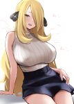  1girl black_skirt blonde_hair breasts cynthia_(pokemon) hair_ornament hair_over_one_eye highres large_breasts long_hair looking_at_viewer mature_female miniskirt open_mouth pokemon pokemon_(game) pokemon_dppt ribbed_tank_top simple_background sixteenpo skirt smile solo very_long_hair white_background yellow_eyes 