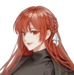  1girl bangs black_jacket braid commentary_request copyright_request eyebrows_visible_through_hair hair_ribbon highres jacket long_hair looking_at_viewer parted_lips portrait red_eyes red_hair ribbon simple_background smile solo tanu0706 white_background 