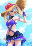  1girl flower hat head_wings highres melia_antiqua mercury_xeno navel silver_hair solo sun_hat swimsuit water xenoblade_chronicles xenoblade_chronicles_(series) 