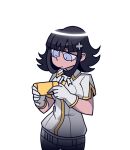  1girl alternate_eye_color alternate_hair_color alternate_hair_ornament azazel_(helltaker) azazel_(helltaker)_(cosplay) bangs bini_(xocolatl_501) black_hair blue_eyes breasts commentary_request cosplay cross_hair_ornament danganronpa_(series) danganronpa_2:_goodbye_despair flipped_hair gloves hair_ornament hairclip handheld_game_console helltaker holding holding_handheld_game_console jacket large_breasts medium_hair nanami_chiaki pants playing_games solo transparent_background white_gloves white_jacket white_pants 