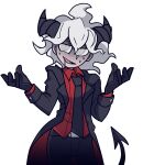  1boy bangs beelzebub_(helltaker) beelzebub_(helltaker)_(cosplay) bini_(xocolatl_501) black_gloves black_horns black_jacket black_neckwear black_pants collared_shirt commentary_request cosplay crazy_eyes danganronpa_(series) danganronpa_2:_goodbye_despair demon_boy demon_horns demon_tail gloves grey_eyes grey_hair hair_between_eyes hand_up hands_up helltaker horns jacket komaeda_nagito long_hair necktie pants parody red_shirt saliva shirt smile sweat tail teeth transparent_background 