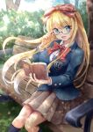  1girl adjusting_eyewear aqua_eyes bench blazer blonde_hair blue_jacket blue_legwear blurry blurry_background blurry_foreground book bow bowtie breasts button_gap emori_miku_project emu_alice eyebrows_visible_through_hair feet_out_of_frame floating_hair forest from_above glasses gu-rahamu_omega_x hair_bow highres jacket kneehighs long_hair long_sleeves looking_at_viewer medium_breasts nature open_mouth outdoors pleated_skirt reading red-framed_eyewear red_nose shade sitting skirt smile solo sunlight tree tsurime very_long_hair wing_collar 