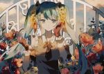  1girl closed_mouth commentary detached_sleeves flower frilled_gloves frilled_sleeves frills garden gloves green_hair hair_flower hair_ornament hands_up hatsune_miku lobelia_(saclia) outdoors ribbon smile solo twintails vocaloid 