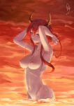  1girl absurdres arknights armpits arms_up breasts chinese_commentary closed_mouth collarbone commentary_request completely_nude covering cy9 dated demon_horns eyebrows_visible_through_hair groin highres horns large_breasts long_hair molten_rock navel nipples nude purple_eyes red_hair signature slit_pupils smile solo surtr_(arknights) tying_hair upper_body 