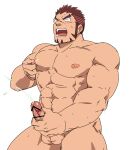  1boy abs akashi_(live_a_hero) bar_censor bara blush brown_hair censored completely_nude cum ejaculation erection facial_hair goatee highres large_pectorals live_a_hero long_sideburns male_focus male_masturbation masturbation mature_male motion_lines multicolored_hair muscular muscular_male nipple_tweak nipples nude pectorals penis projectile_cum red_eyes red_hair ruizu_(takakisan503) short_hair sideburns solo stomach streaked_hair thick_eyebrows thick_thighs thighs 